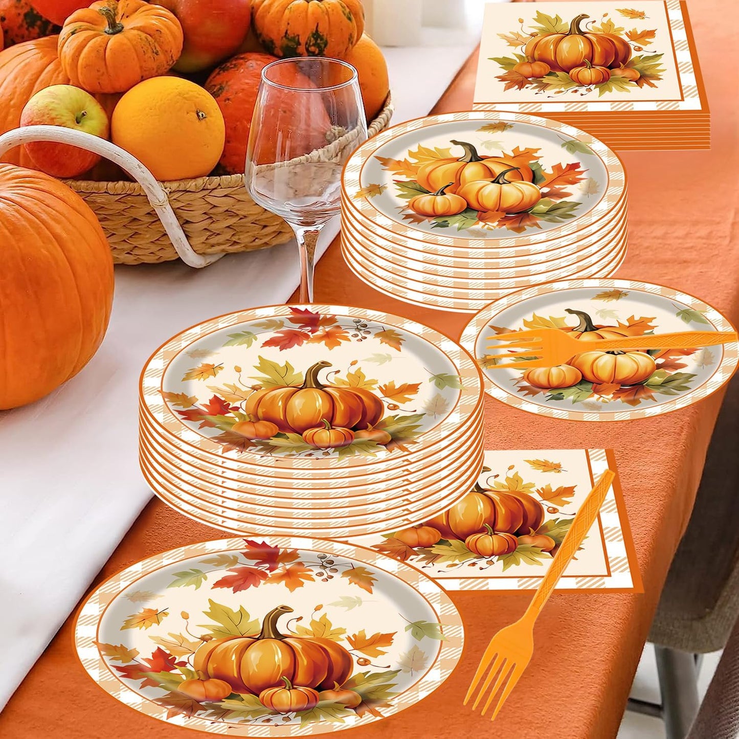 Fall Party Supplies - 96 Pcs Disposable Tableware Set with Paper Plates, Napkins, Forks, Pumpkin, Autumn, Maple Leaf Pattern for Thanksgiving Harvest Party Decorations