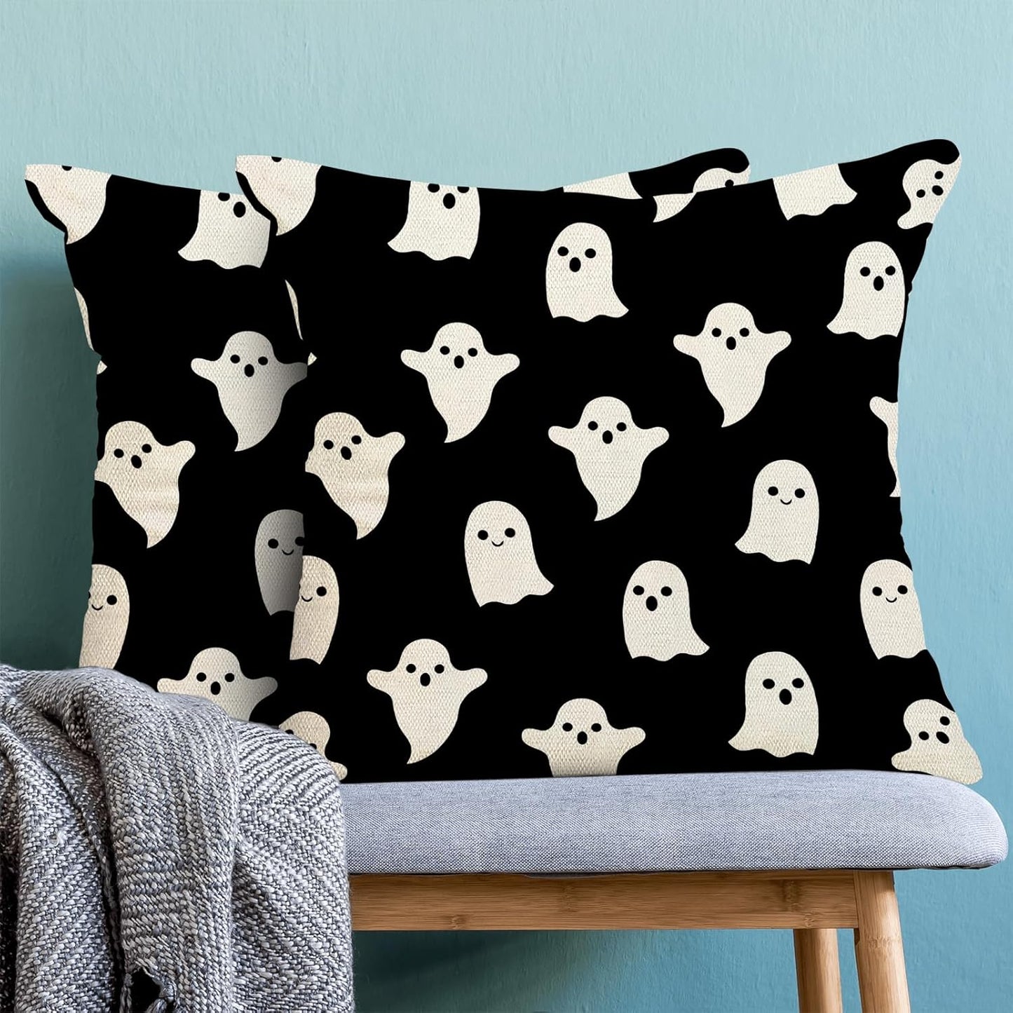 Halloween Decor 24x24 Set Of 2 Black Cute Ghost Throw Pillow Covers - Decorative Linen Cushion Case For Home Sofa & Outdoor Decor