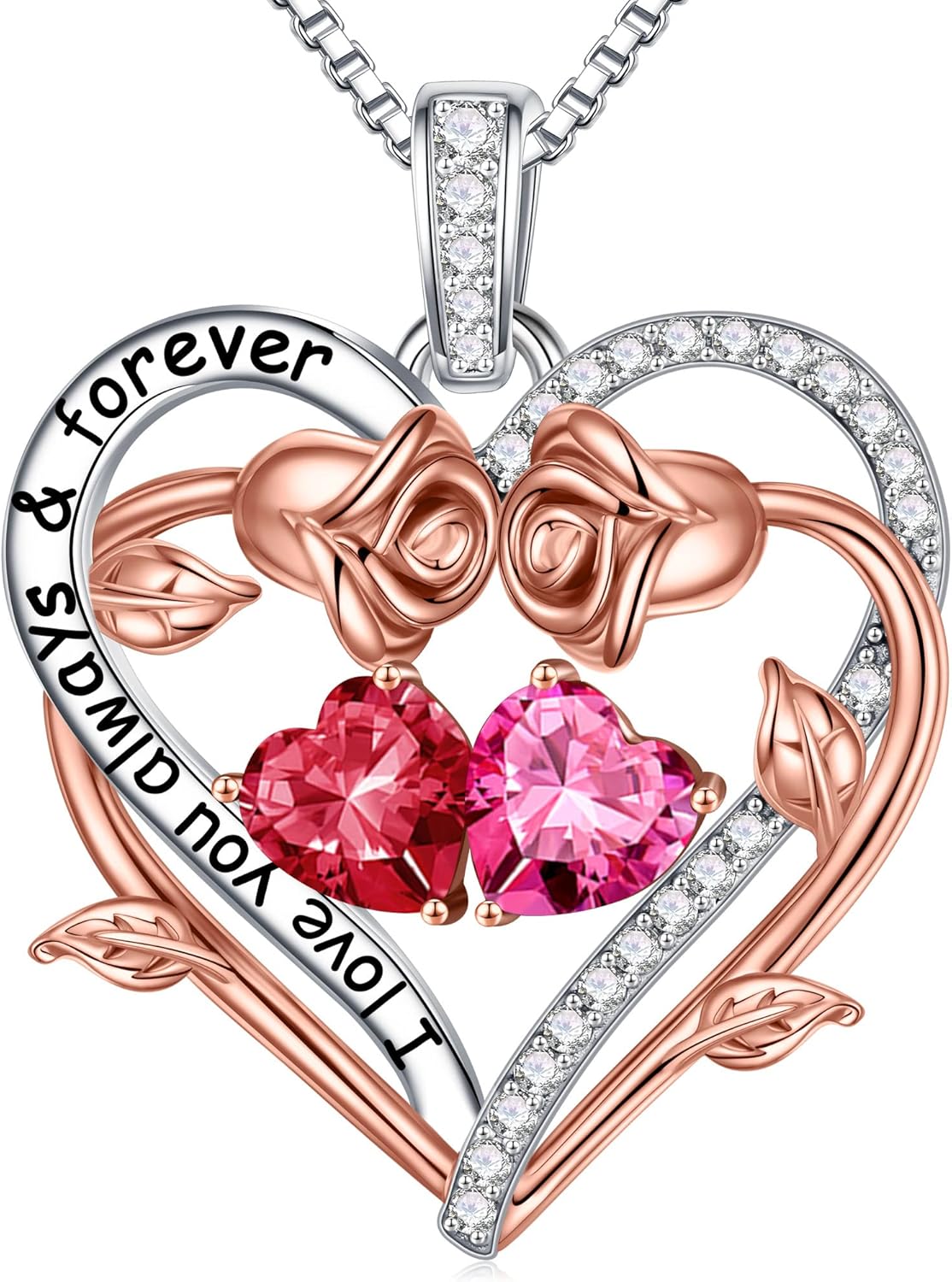 Iefil Rose Heart Double Birthstone Necklace Gifts for Wife Her Mom Women, Birthstone Jewelry Gemstone Birthday Gifts for Girlfriend Grandma Her Wife Women