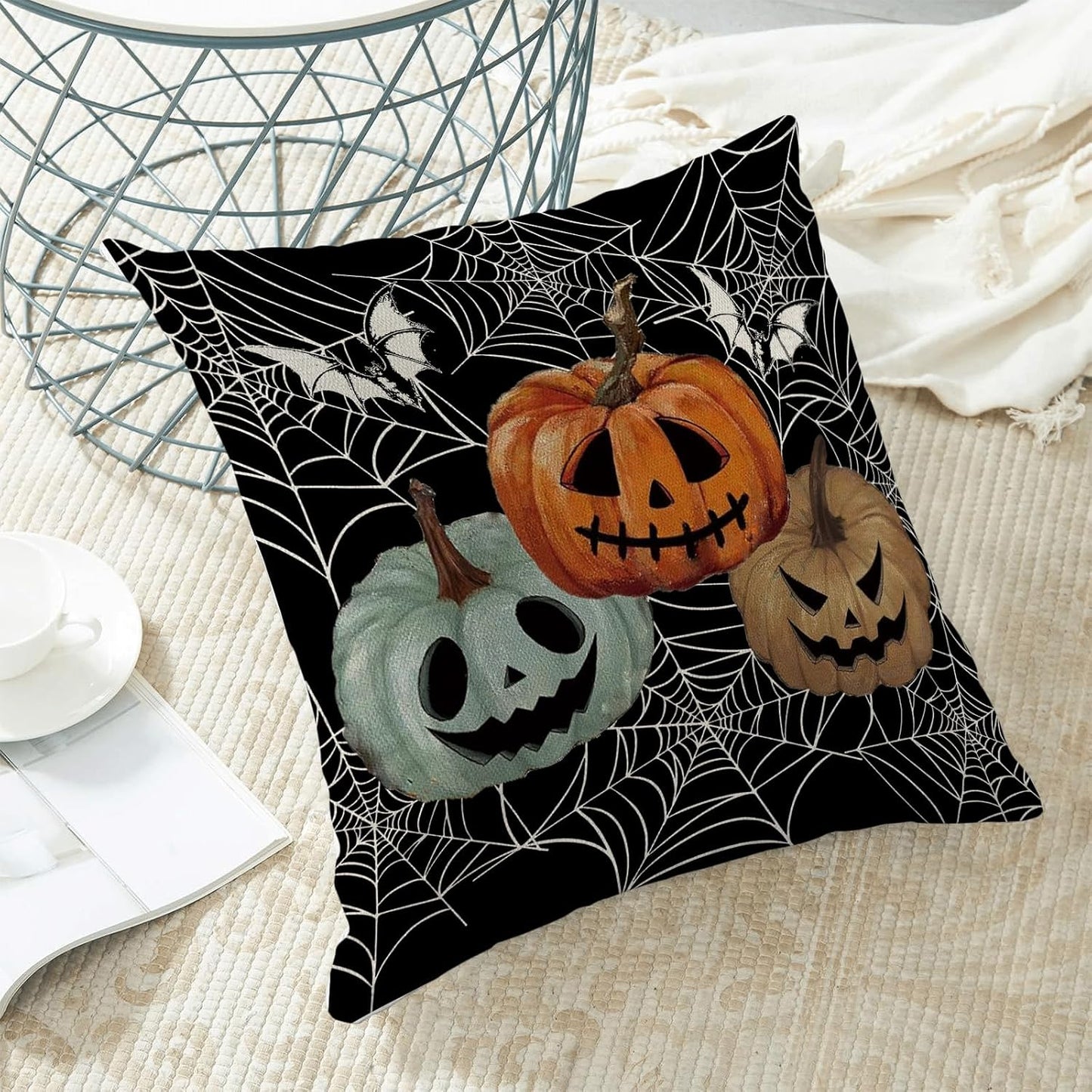 Halloween Decor Pillow Covers 18x18 Set of 2 Spider Web Orange Pumpkin Bat Black Decorative Throw Pillow Covers Outdoor Decoration Autumn Pumpkin Pillowcase Farmhouse Cushion Case for Home Sofa