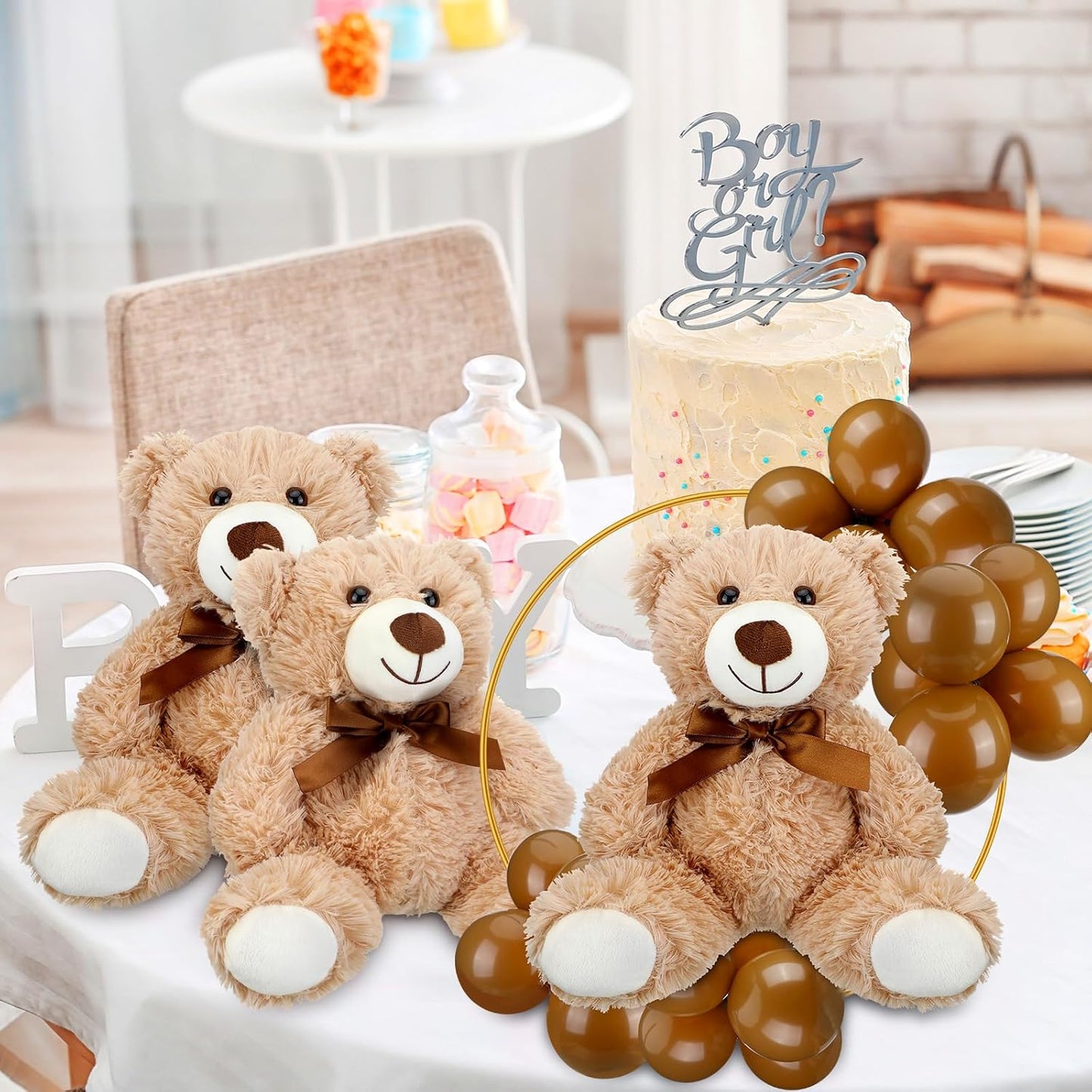 6 Sets Bear Baby Shower Table Centerpieces Bear Stuffed Animals 12 Inch Metal Floral Hoop with Stand Balloon for Wedding Baby Shower Birthday Flowers Table Decorations(Brown)