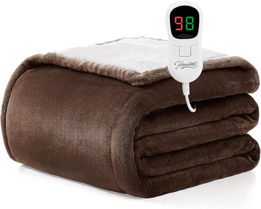 Homemate Heated Blanket Electric Throw - 50"x60" Heating Blanket Throw 1/2/4/6/8 Hours Auto-Off 10 Heat Level Over-Heat Protection Flannel Sherpa ETL Certification
