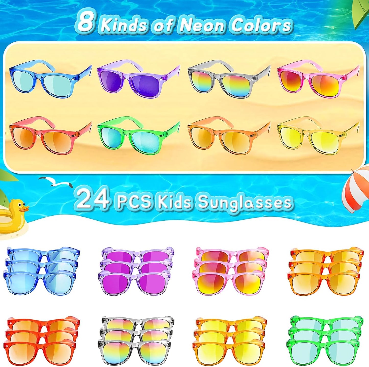 Kids Sunglasses Party Favors - Boys Girls Age 3-8 Birthday Goodie Bags Stuffers, Neon Sunglasses with UV 400 Protection for Kids Classroom Favors - 24 Packs