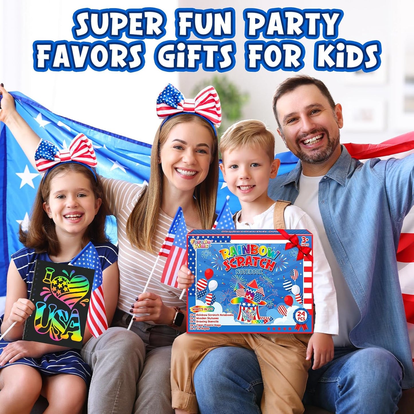Party Favors for Kids: 24 Pack 4th of July Rainbow Scratch Art Notebook Classroom Supplies Bulk for Girls Boys Goodie Bags Stuffers, Independence Day Party Gift Kid Crafts