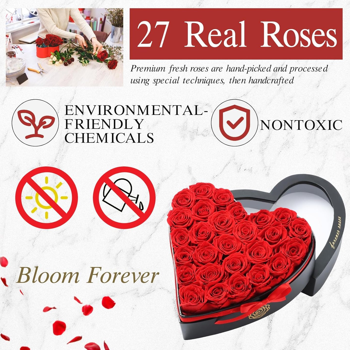 27 Eternal Flowers in Heart Shaped Box - Eternal Rose Romantic Gifts for Her, Valentine’s Day, Anniversary, Wedding (Red)