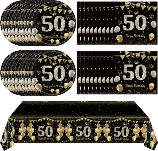 41Pcs 50th Birthday Decorations for Men Women, Black Gold 50 Year Old Birthday Party Supplies Include 20 Plates 20 Napkins and 1 Tablecloth, Black Gold 50 Aged Birth Party Tableware