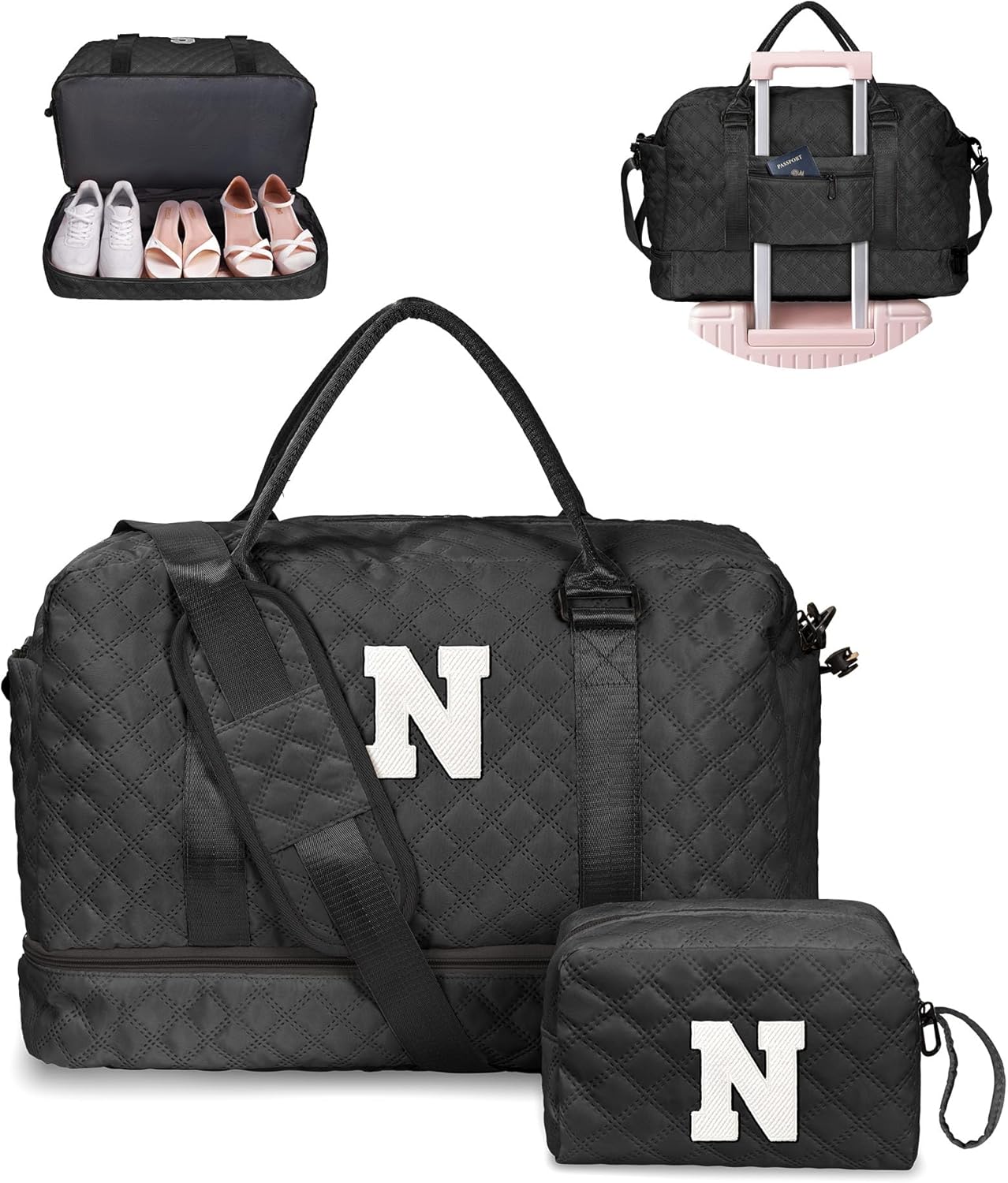 Gifts for Her-Duffle Bag with Shoe Compartment, Personalized Weekender Bag, Monogram Overnight Bag, Letter Travel Bag with Makeup Bag,Sister Friend Girlfriend Gifts (Letter N)