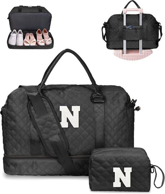 Gifts for Her-Duffle Bag with Shoe Compartment, Personalized Weekender Bag, Monogram Overnight Bag, Letter Travel Bag with Makeup Bag,Sister Friend Girlfriend Gifts (Letter N)
