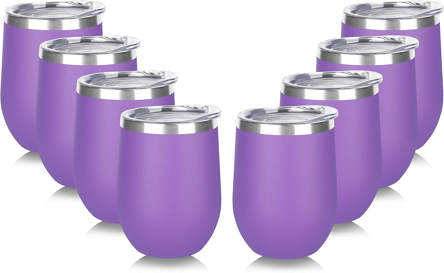 DOMICARE Stainless Steel Wine Tumbler Bulk with Lid, Personalized Insulated Tumblers Set, 12oz Travel Coffee Cups Pack of 8, Purple
