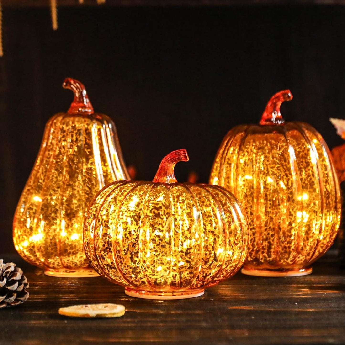 Fall Lighted Glass Pumpkins Set of 3 – Battery Operated Mercury Glass Pumpkin Decor with LED Lights, Autumn Thanksgiving Halloween Table Centerpiece Decorations for Home, Fireplace, Mantel, 8"/7"/6"