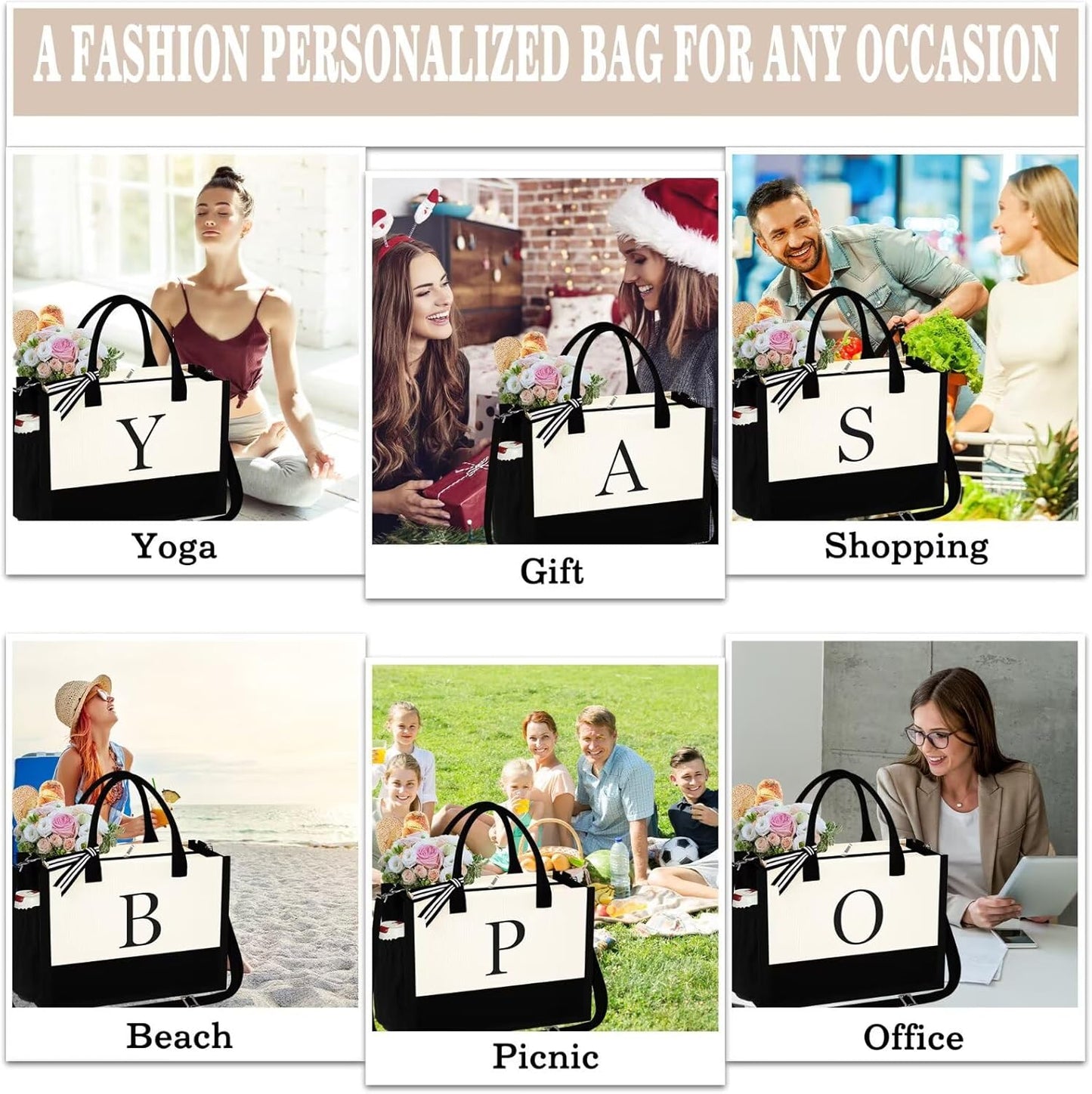 YOOLIFE Gifts for Women - Initial Tote Bag & Makeup Bag, Birthday Gifts for Women Mom Wife Teacher Friend