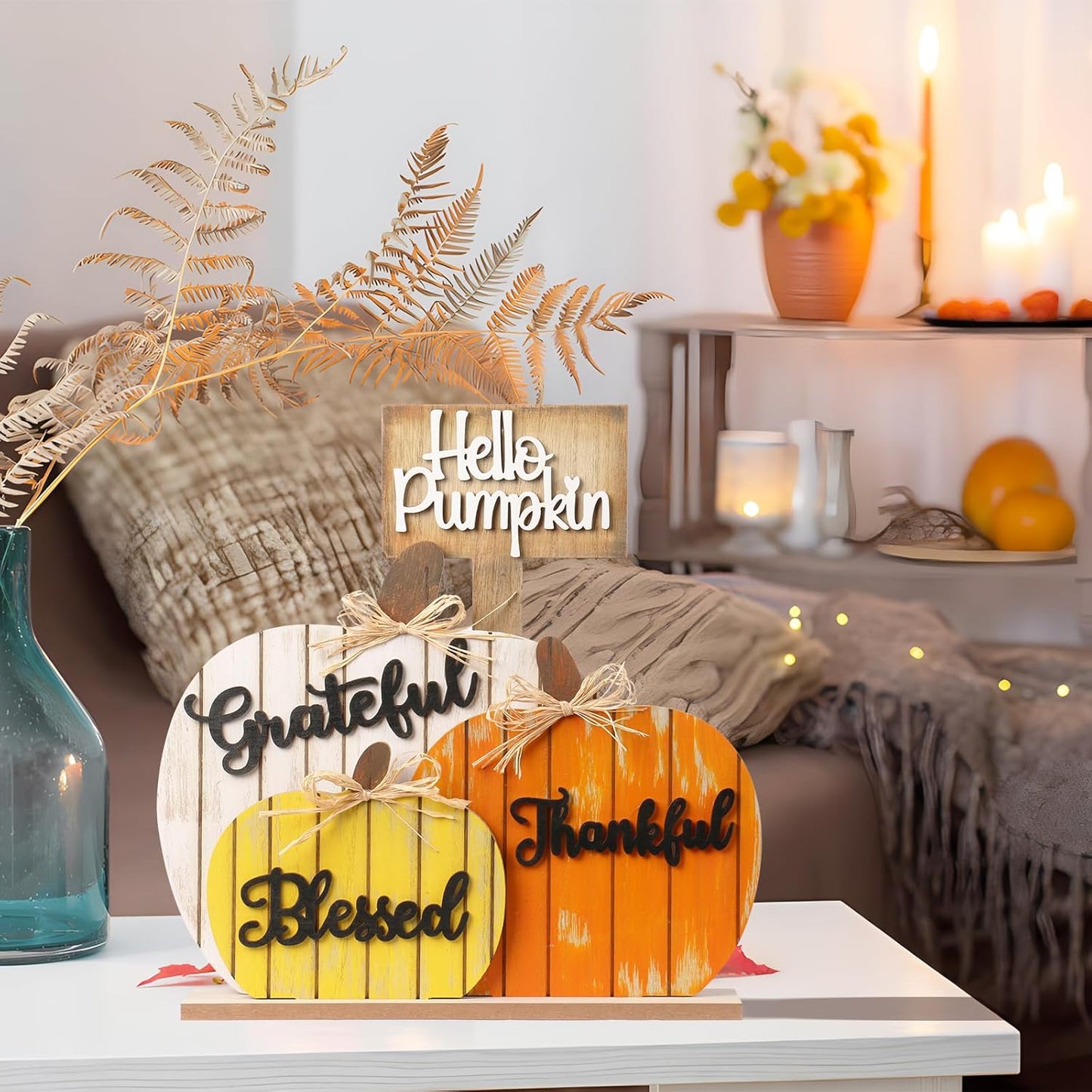 SY Super Bang Fall Decorations for Home, Rustic Wooden Blessed Grateful Thankful Hello Pumpkin Tabletop Sign Thanksgiving Decoration, for Autumn Harvest Farmhouse Party Decor.