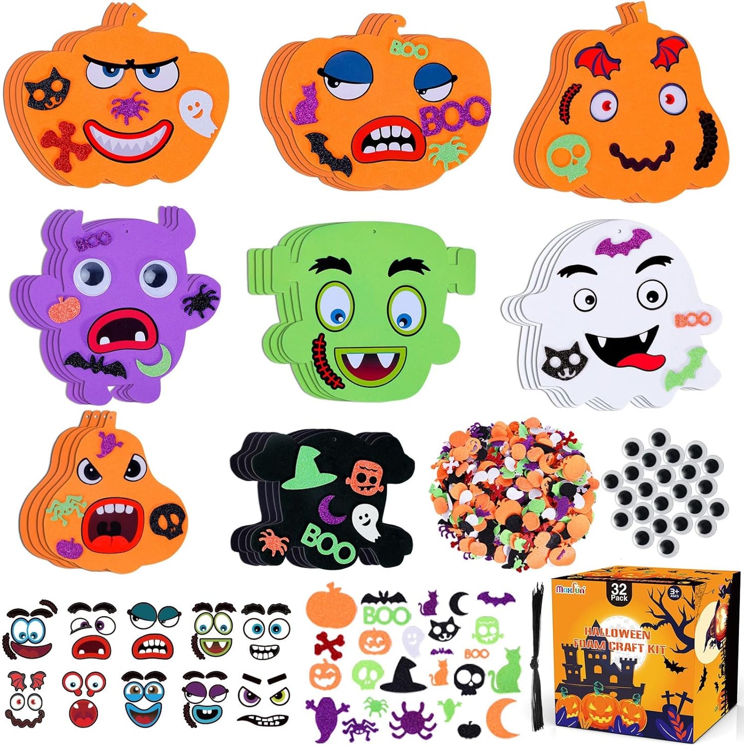 Max Fun Halloween Foam Stickers Set Halloween Crafts for Kids Bulk DIY Pumpkin Ghost Skull Decorations, 204PCS Party Favors Supplies