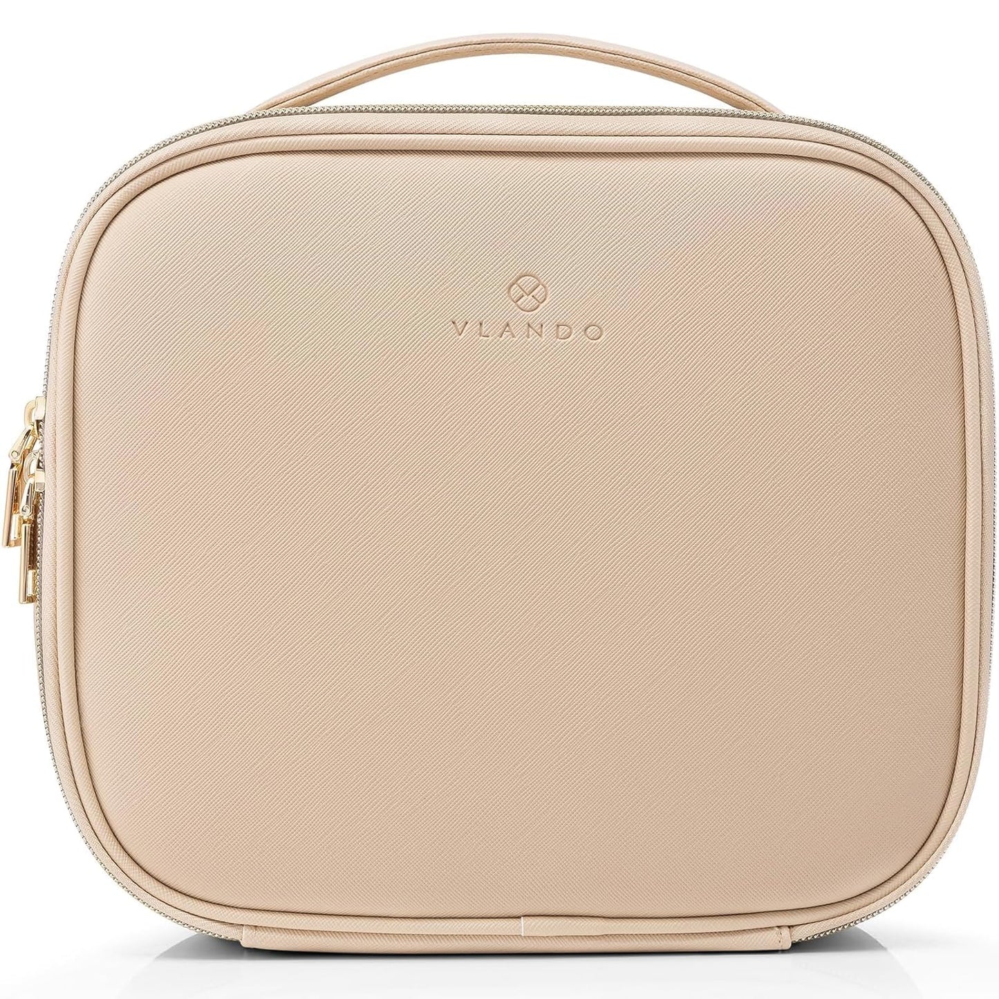 Vlando Travel Makeup Bag, Large Capacity Cosmetic Bag for Women PU Leather Makeup Case Organizer Portable Make up Bag with Dividers and Handle for Girls,Wedding,Makeup Brushes Milk Tea