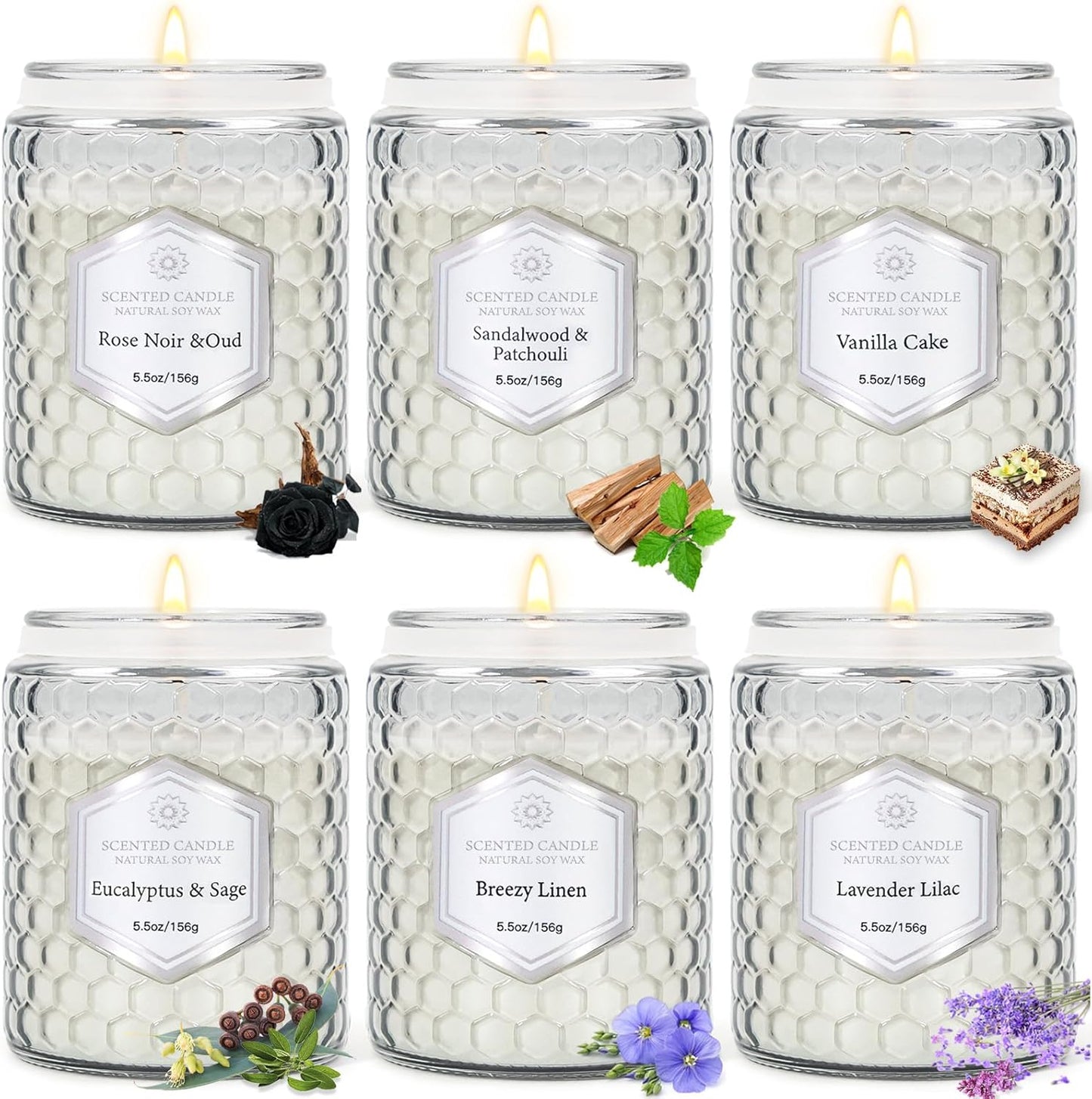 6 Pack Scented Candles for Home, Aromatherapy Gift Set for Women, Natural Soy Wax Jar, 33 oz 240 Hour Long Lasting, Birthday and Valentine's Day Gift, Flax Gray
