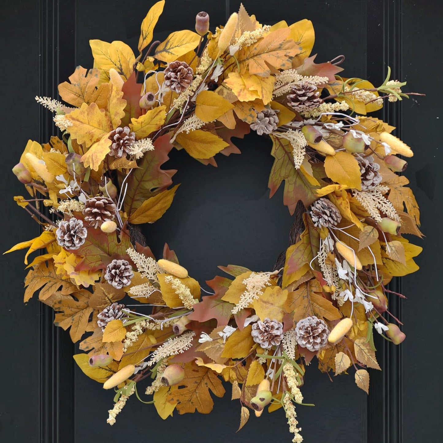Fall Wreath for Front Door, 24 Inch Autumn Wreath with Pine Cones, Grain Ears, Oak Leaves and Maple Leaves Fall Decorations for Home, Artificial Flowers Harvest and Thanksgiving Indoor & Outdoor