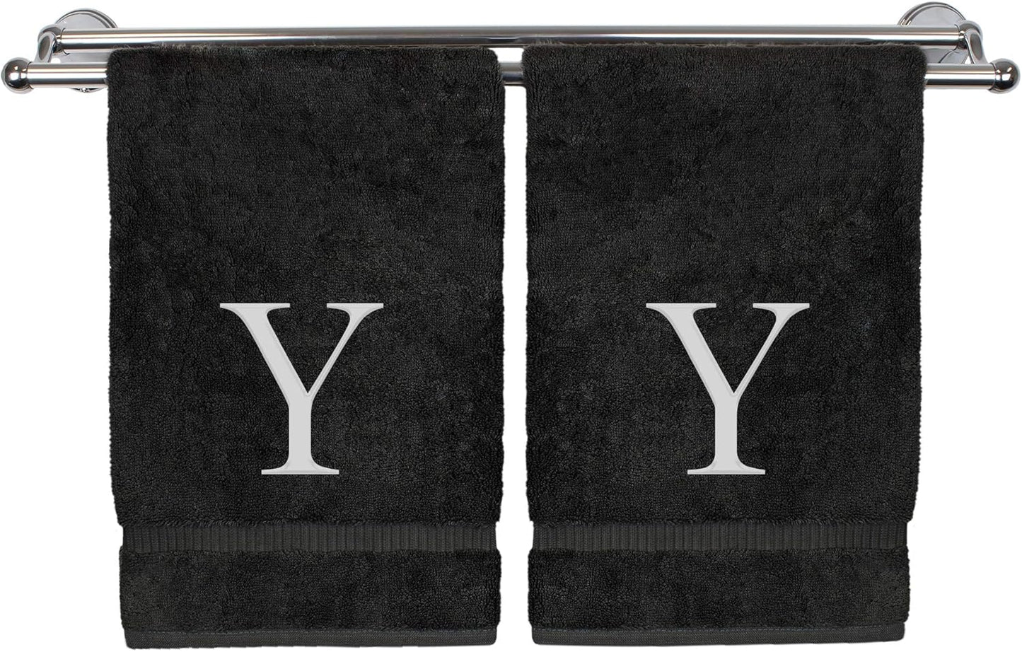 Monogrammed Hand Towel, Personalized Gift, Set of 2- White Block Letter Embroidered Towel - Extra Absorbent 100% Turkish Cotton - Soft Terry Finish - Initial Y Black