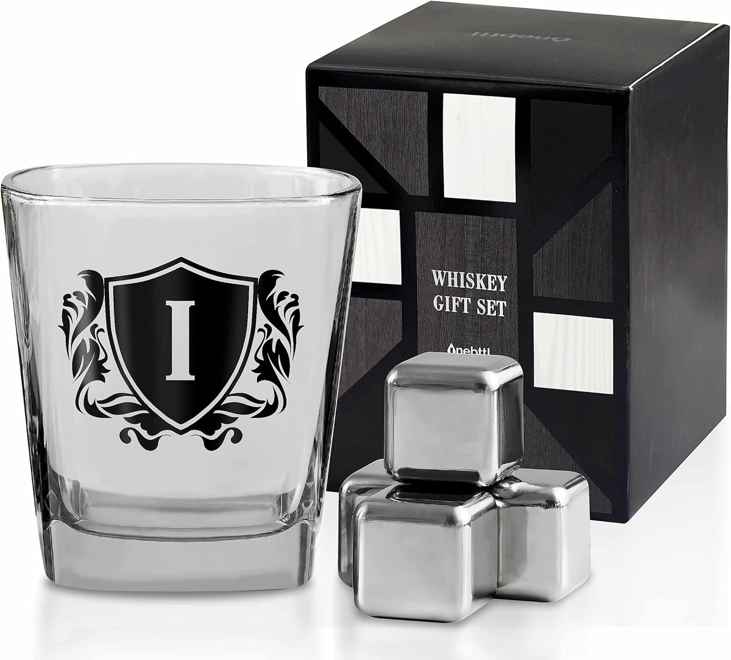 Whisky Gifts for Men, Personalized Initial Whiskey Glass with Whiskey Stones for Dad, Boyfriend, Best Friends, Coworkers, Husband, Brother, Uncle and Boss on Father's Day, Boss Day and Birthday - I