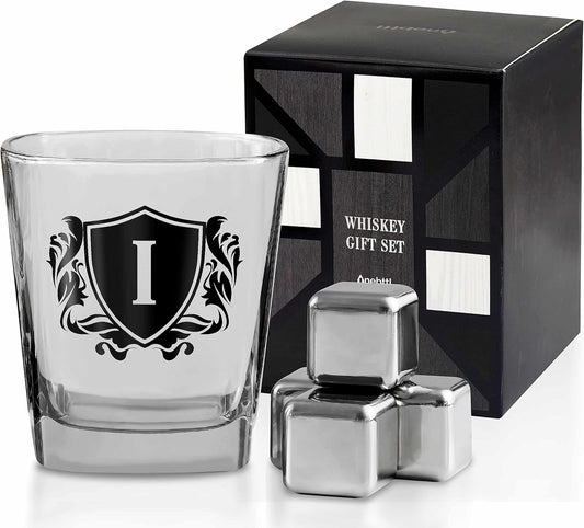 Whisky Gifts for Men, Personalized Initial Whiskey Glass with Whiskey Stones for Dad, Boyfriend, Best Friends, Coworkers, Husband, Brother, Uncle and Boss on Father's Day, Boss Day and Birthday - I