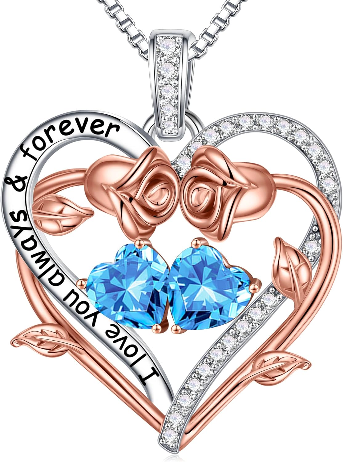 Iefil Rose Heart Double Birthstone Necklace Gifts for Wife Her Mom Women, Birthstone Jewelry Gemstone Birthday Gifts for Girlfriend Grandma Her Wife Women