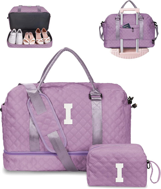 Gifts for Friends-Initial Duffle Bag with Shoe Compartment, Personalized Weekender Bag, Monogram Overnight Bag, Travel Bag with Makeup Bag,Birthday Gifts Bag for Daughter Sister (Letter I)