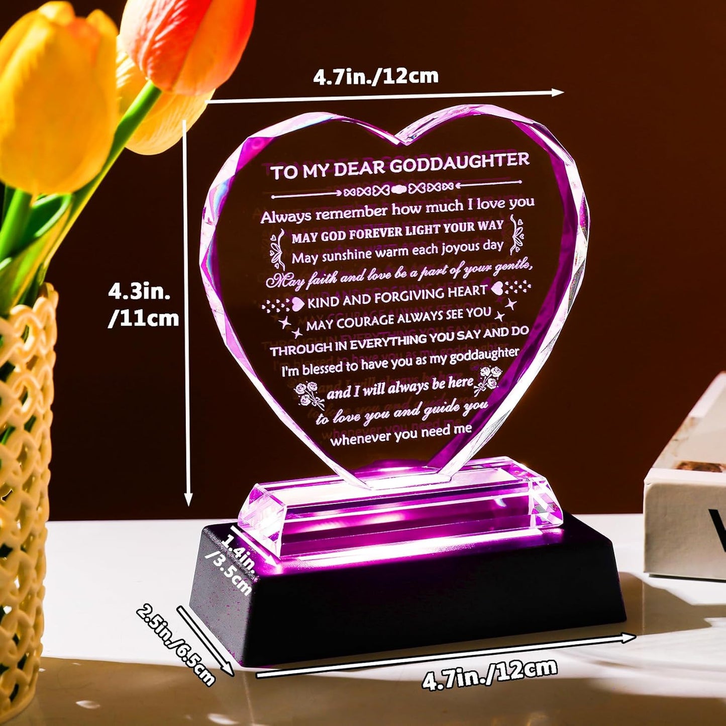 YWHL Goddaughter Gifts from Godmother Birthday Gifts for Goddaughter from Godparents with LED Base Heart Crystal Keepsake Unique Gift Idea for Goddaughter on Mother's Day Christmas