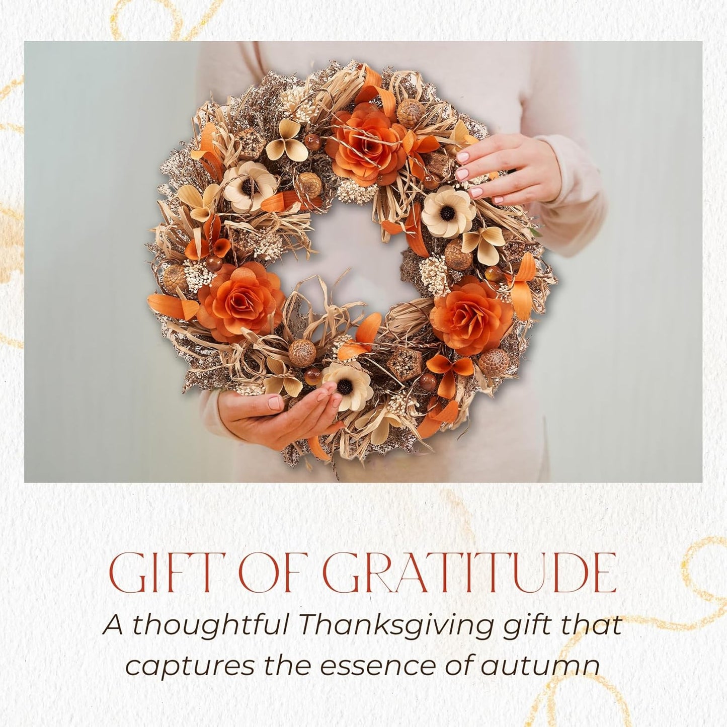 22" Fall Harvest Wood Curl Floral Wreath - Premium Handcraft Fall Wreaths for Front Door | Perfect for Autumn & Thanksgiving Decor