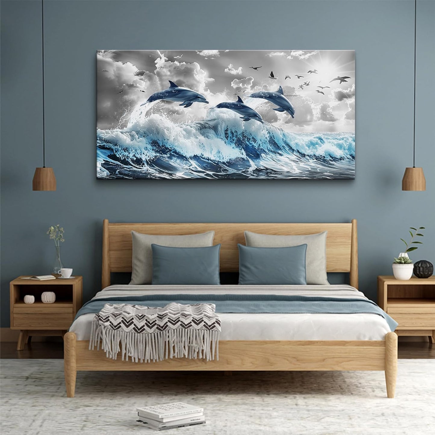 Wapluam Large Wall Art For Bedroom Blue Waves Of The Sea Wall Pictures Artwork Framed Canvas Wall Decoration For Living Room Fashion Office Canvas Art Prints Dolphins Seascape Paintings Home Decor