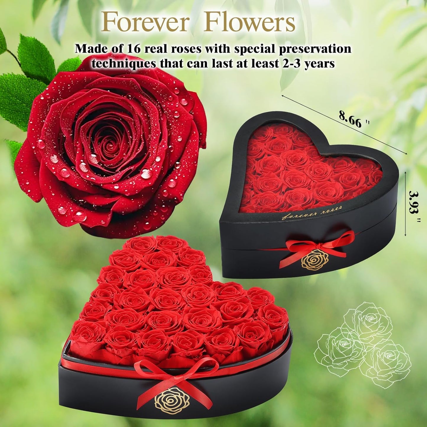 27 Eternal Flowers in Heart Shaped Box - Eternal Rose Romantic Gifts for Her, Valentine’s Day, Anniversary, Wedding (Red)