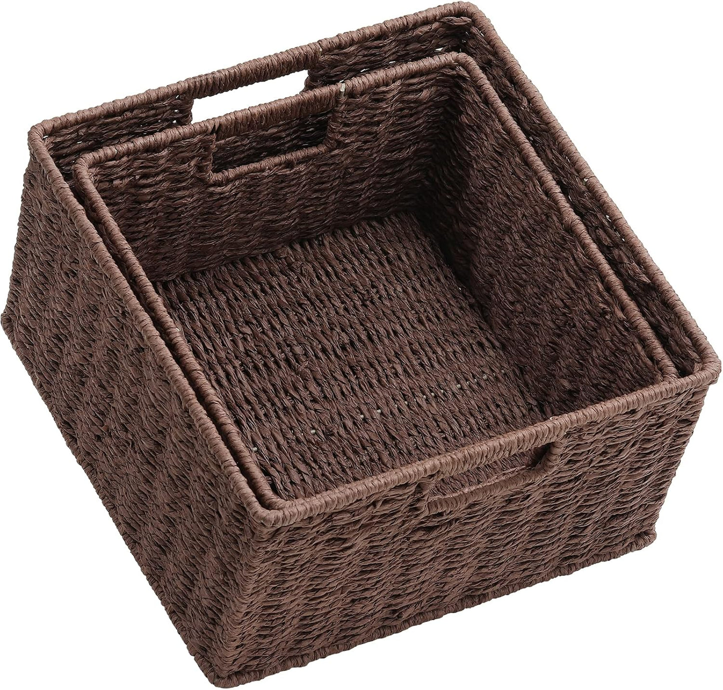 HOONEX Storage Baskets for Organizing, Decorative Round Paper Rope Woven Baskets for Storage with Carrying Handles, Set of 2, Dark Brown