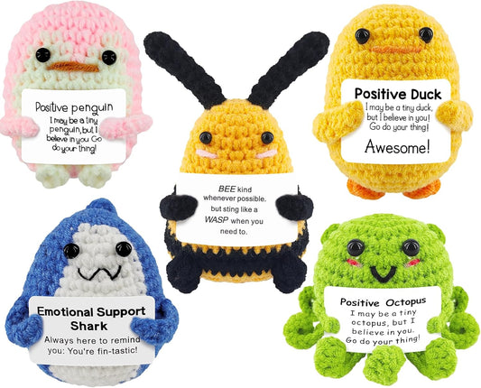 5-Piece Crochet Animals Funny Gifts - Shark, Duck Knitted Dolls with Positive Card for Cheer Up Gifts, Birthday, Party Decor