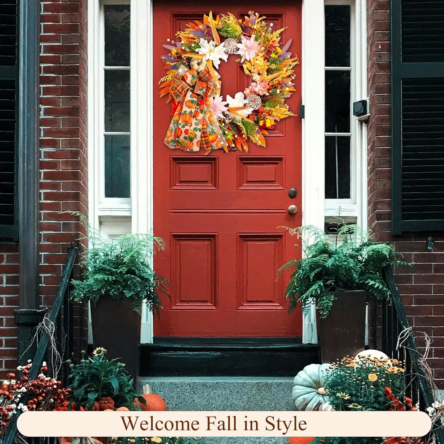 24" Fall Wreaths for Front Door Outside, Autumn Thanksgiving Harvest Wreath with Pumpkins Dahlias Pinecones & Bow Farmhouse Decoration for Porch Wall Indoor