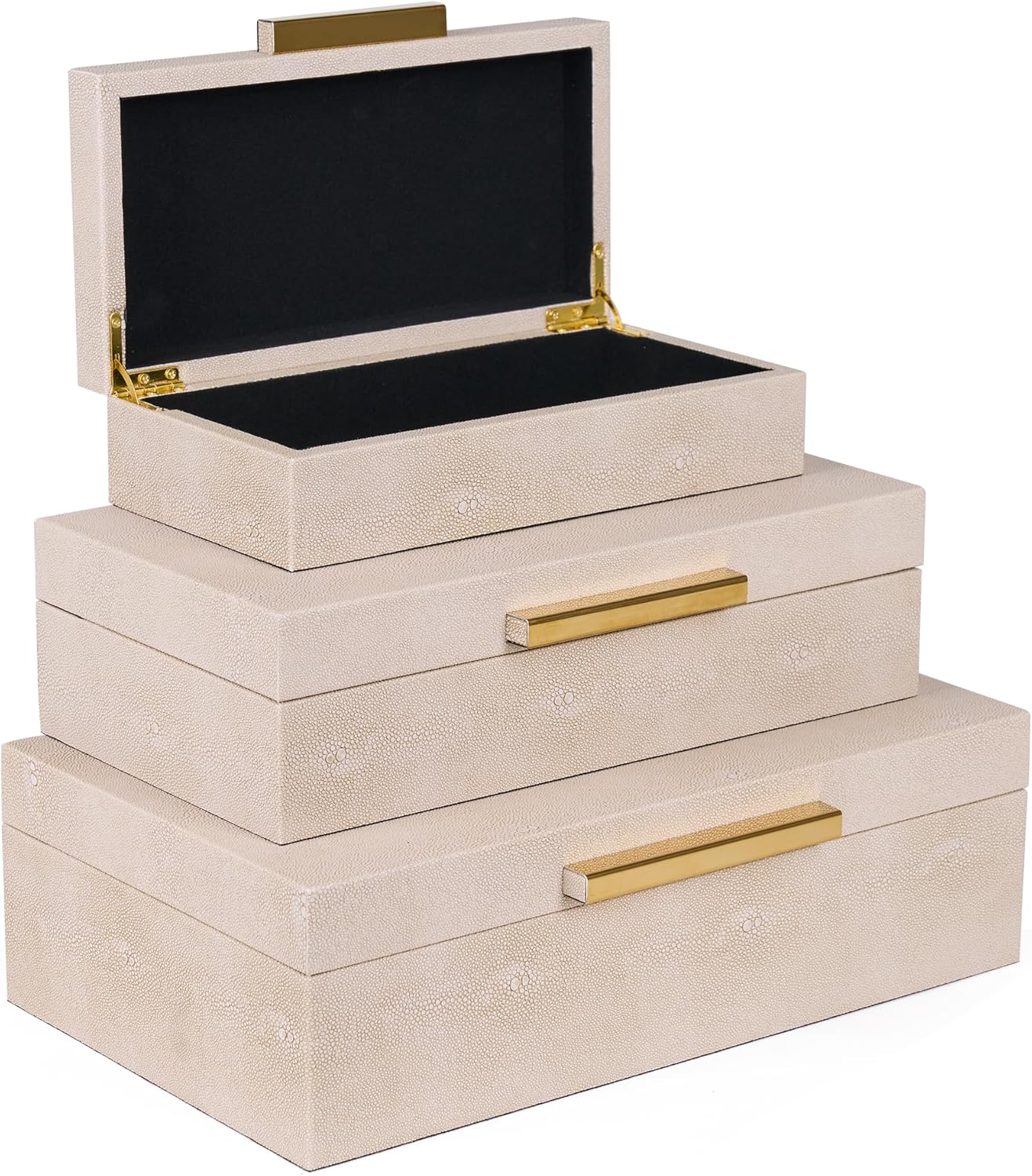 Ivory Shagreen Decorative Boxes Set of 3 Faux Leather Jewelry Boxes With Gold Metal Handles For Home Decor Womens Mens Jewelry Organizer