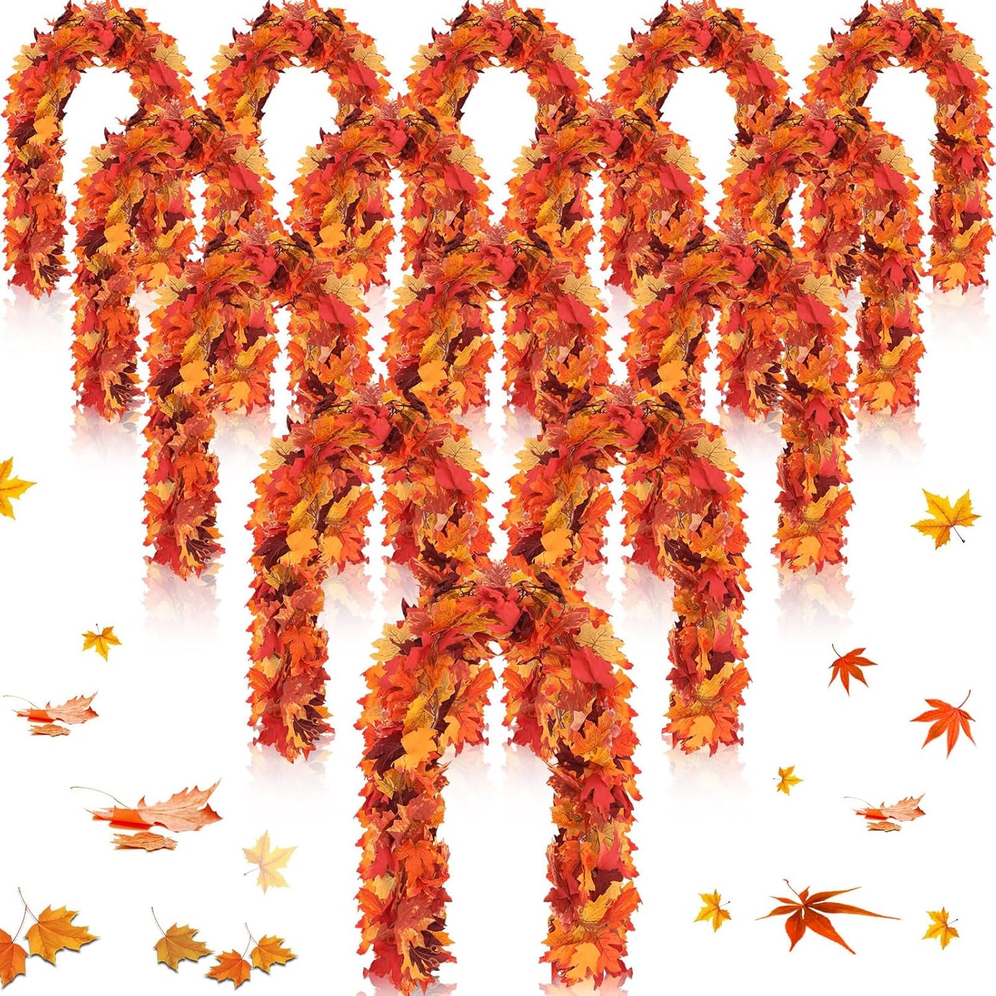 Retrowavy 20 Pack Fall Leaves Garland Bulk 5.6ft Artificial Maple Leaf Garland Christmas Faux Autumn Garland Vine Fake Hanging Table Decoration for Fireplace Thanksgiving Party Outdoor(Orange, Orange)
