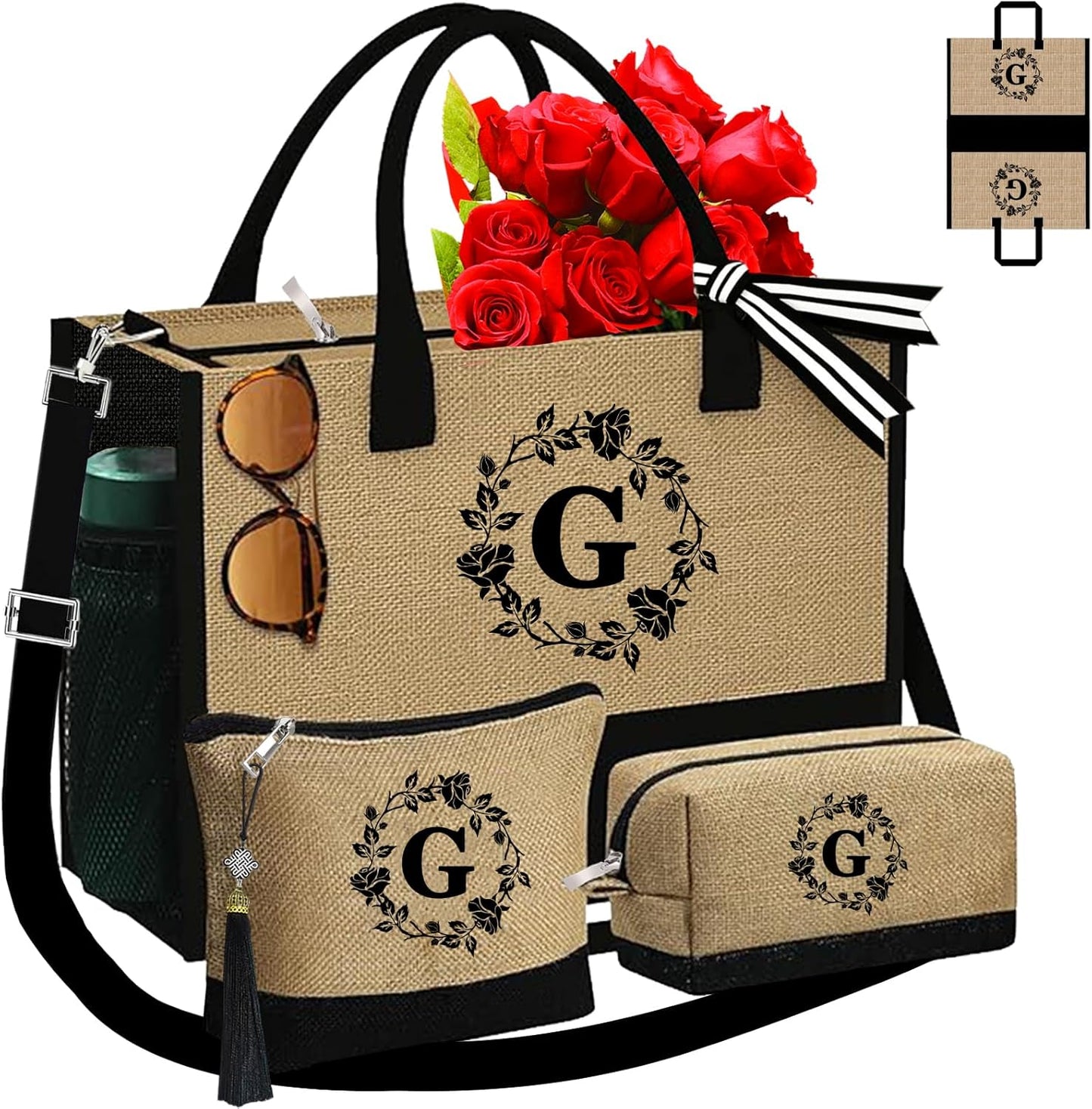 Monogrammed Tote Bags, 3Pcs Birthday Gifts for Women Initial Personalized Jute Tote Bags for Her Female Sister Mom