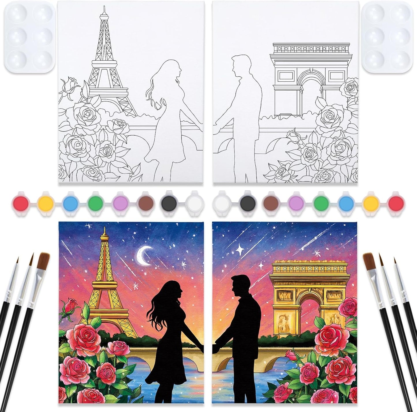 Nuberlic Sip and Paint Kit for Adults Couples Paint Party Kits Date Night Painting Kit for Couples Predrawn Canvas for Painting for Adults Eiffel Tower and Arc De Triomphe Valentine