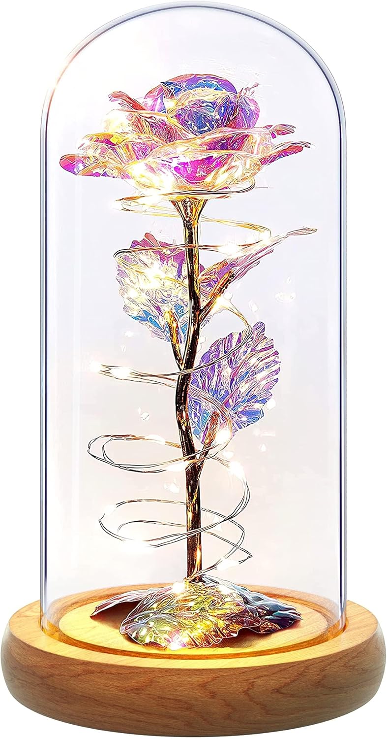 Galaxy Roses - Eternal Glass Rose with LED Lights - Coolest Gifts for Girlfriend Mom Wife Daughter Women - Beauty and The Beast Rose for Christmas Wedding Anniversary Birthday