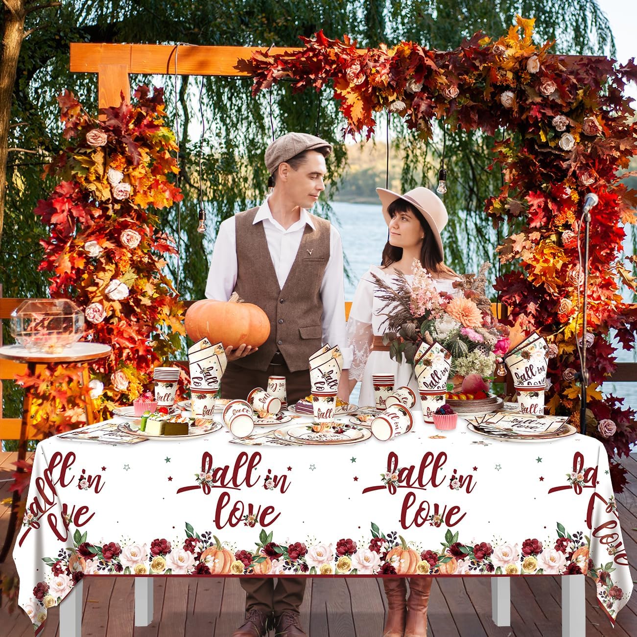 Zhynice Fall in Love Bridal Shower Decorations 121 Pcs Fall Wedding Disposable Autumn Floral Pumpkin Plates and Napkins Cups Tablecloth for Fall Theme Wedding Engagement Supplies 30 Guest