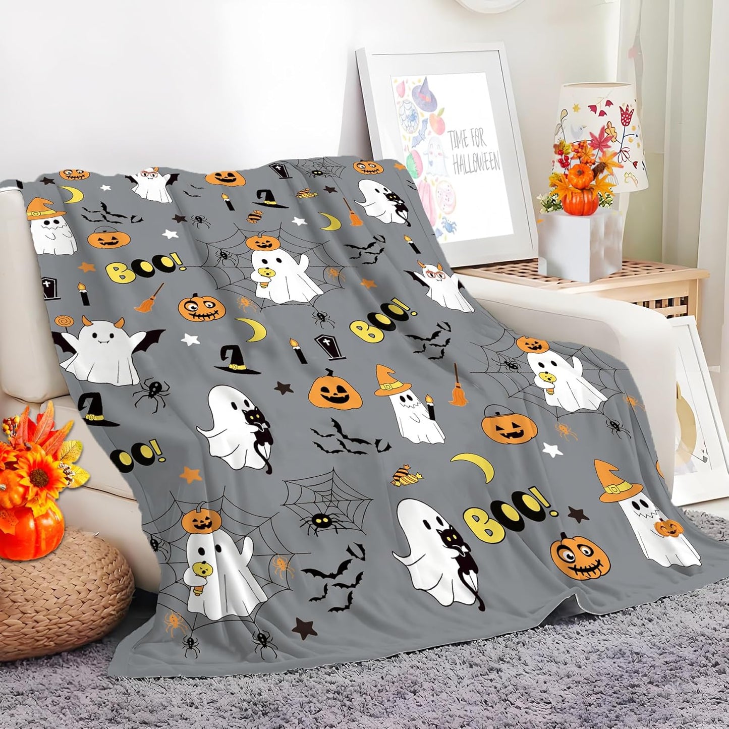 Halloween Throw Blanket 52”x 60” with Cute Ghost Pumpkin Spider Birthday Gifts for Kids,Grey Flannel Bat Blanket Soft Warm Cozy Throw for Daughter Son Harvest Gifts and Home Decor