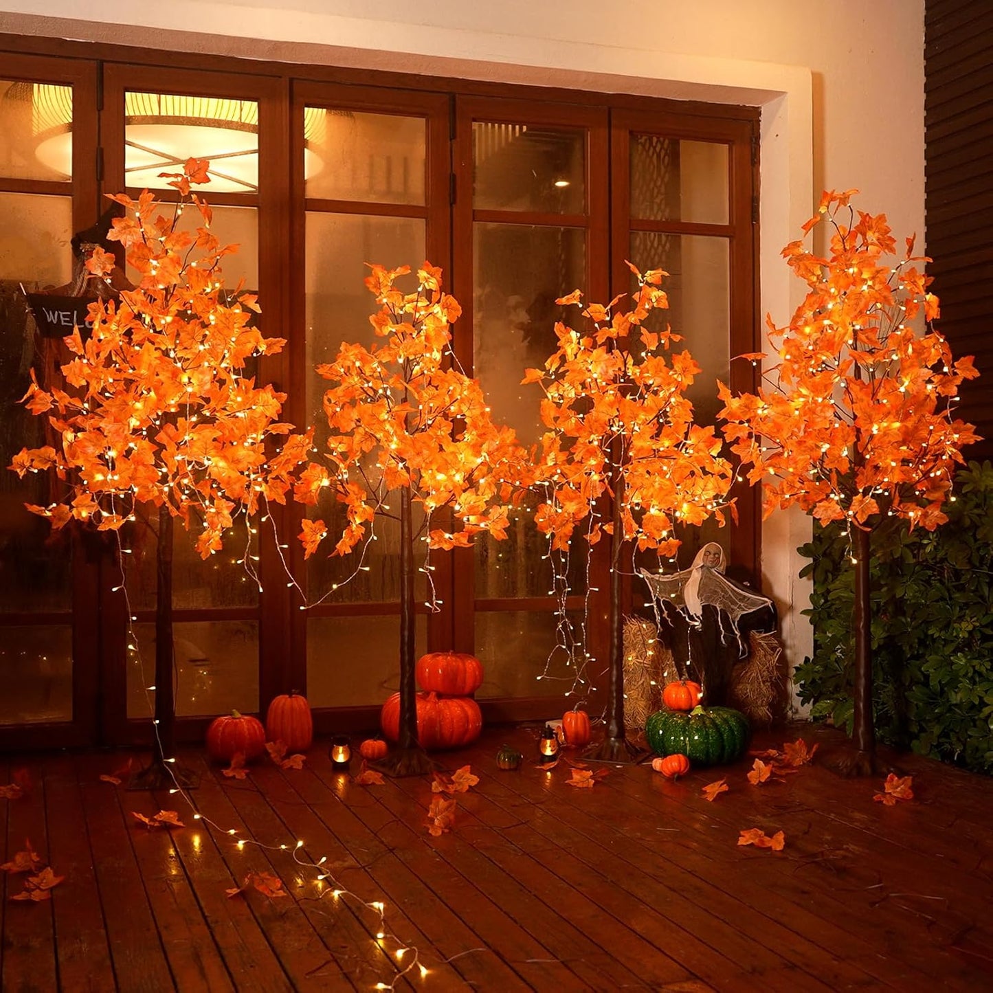 Set of 2 Artificial Lighted Maple Tree (5FT 96LED & 6FT 120LED) Fall Tree with Warm White Lights and Maple Leaves for Thanksgiving, Christmas, Autumn Harvest Outdoor Indoor Home Decorations