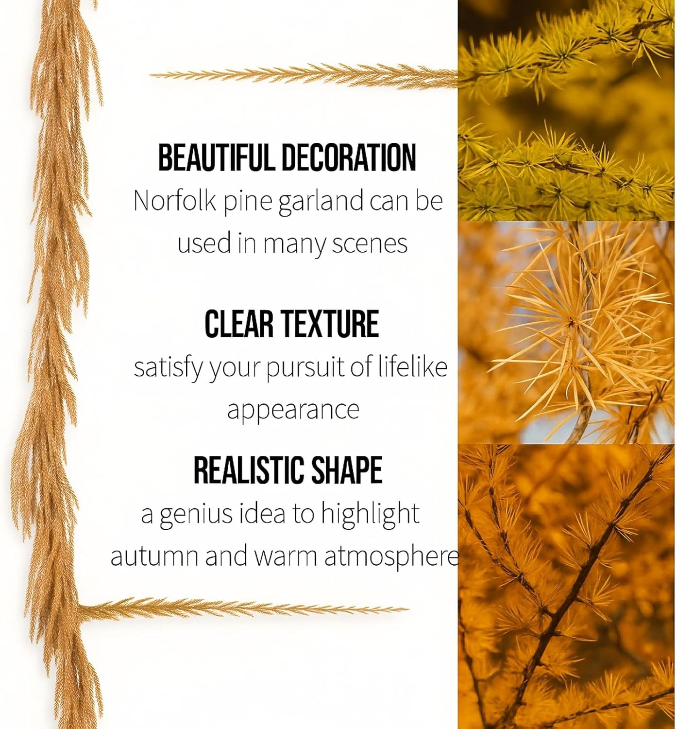 6.2ft Fall Norfolk Garland for Fireplace Mantel – Artificial Brown Pine Needle Garland with Rustic Look, Autumn Faux Branches for Doorway, Table, Wall, Thanksgiving Harvest Decor