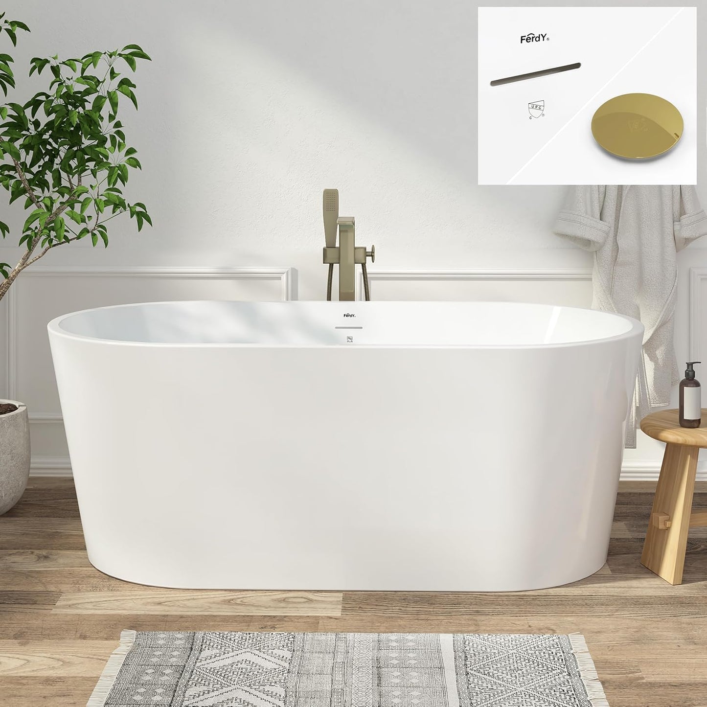 FerdY Shangri-La 59" Acrylic Freestanding Bathtub, Gracefully Shaped Soaking Bathtub, Glossy White, cUPC Certified, Polished Gold Drain & Minimalist Linear Design Overflow Included, 02522