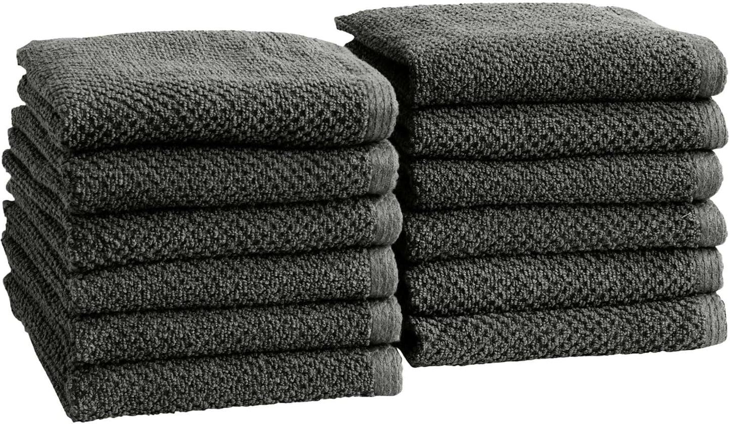 Dark Grey Washcloth- 100% Cotton 12-Pack 13x13 Wash Cloth - Absorbent, Quick-Drying, Durable Face Towels for Bathroom Decor - Low-Twist, Two-Ply Fibers (Midnight)