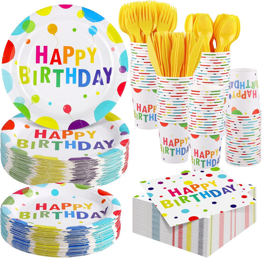 400 Pieces Happy Birthday Party Decorations Including Disposable Paper Plates Cups Napkins Tableware Sets Serves 50 for Birthday Party Supplies