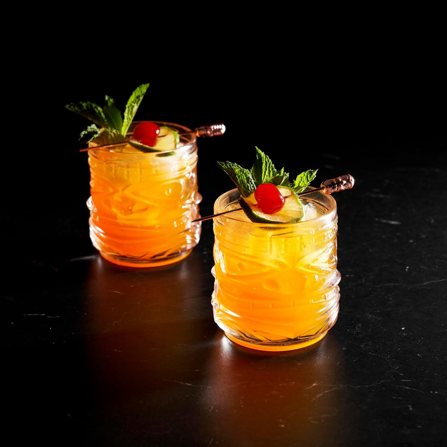 Viski Pacific Tiki Glasses Stackable Lowball DOF Tumblers, Tropical Cocktail and Bar Gifts for Rum and Whiskey, 12 Oz, Set of 2