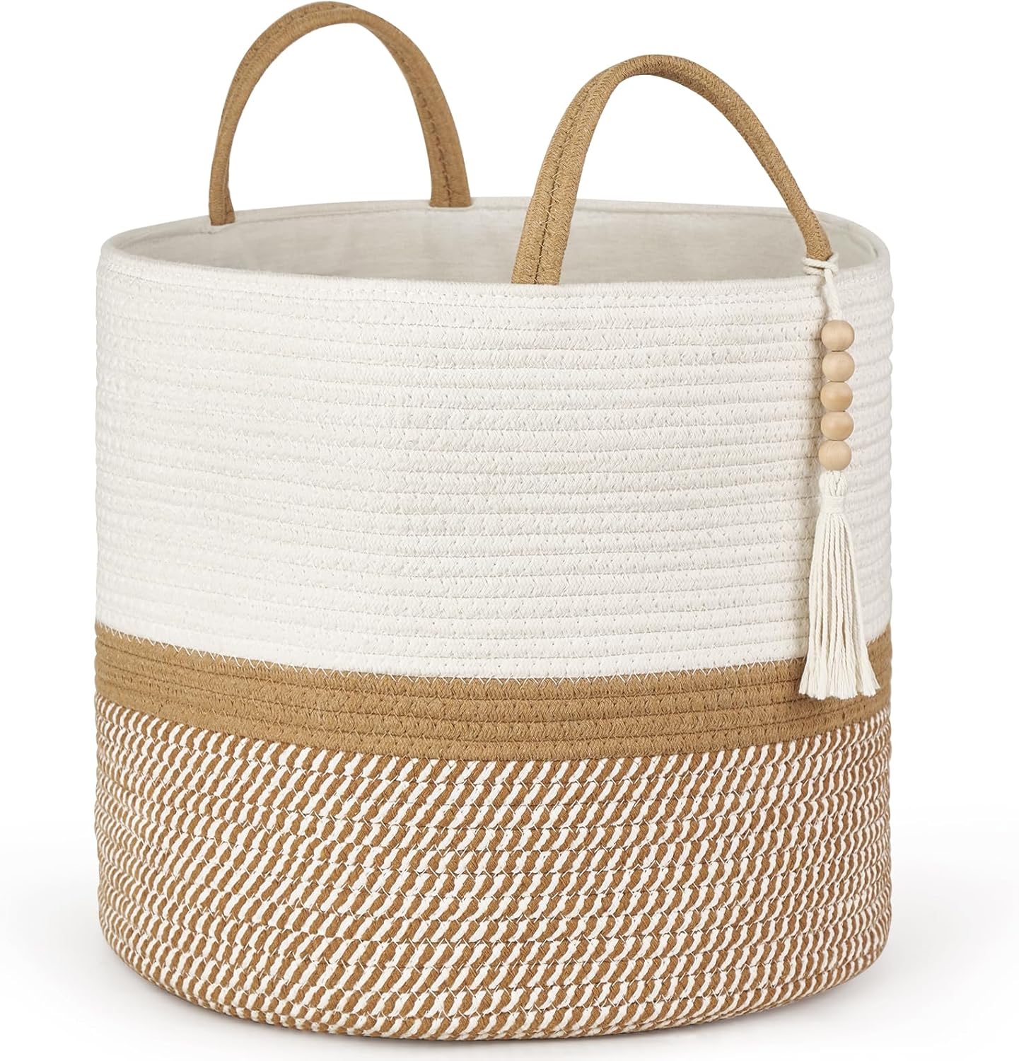 Mkono Woven Storage Basket Decorative Natural Rope Basket Wooden Bead Decoration for Blankets,Toys,Clothes,Shoes,Plant Organizer Bin with Handles Living Room Home Decor, 16"W×13.8"L, White and Brown
