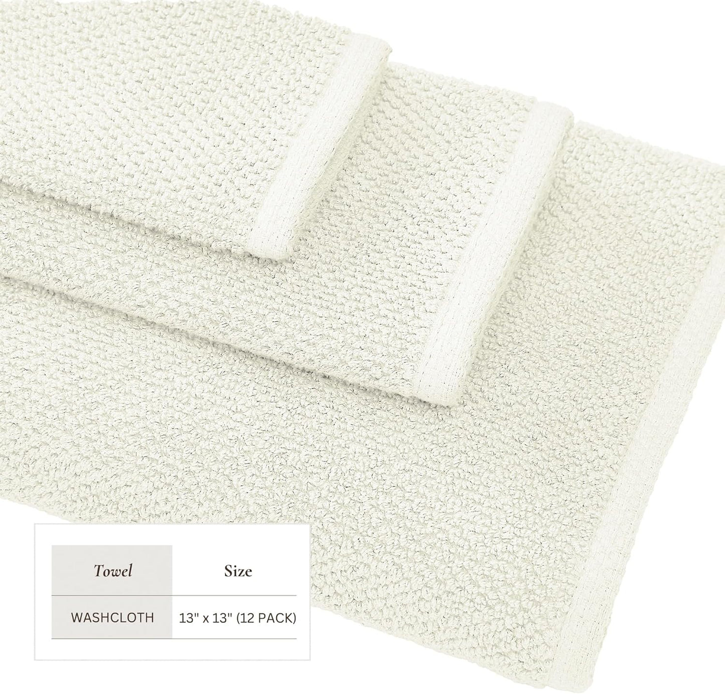 Great Bay Home Ivory Washcloth- 100% Cotton 12-Pack 13x13 Wash Cloth - Absorbent, Quick-Drying, Durable Face Towels for Bathroom Decor - Low-Twist, Two-Ply Fibers