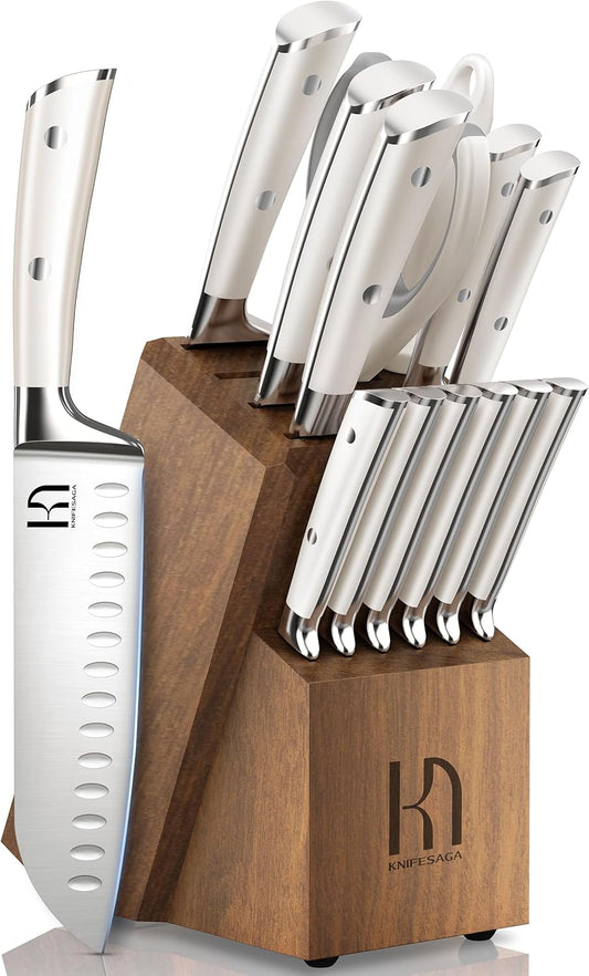 Knife Set, Premium 15 Piece Japanese High Carbon Stainless Steel Knives Set for Kitchen with Block and Sharpener, Razor Sharp Kitchen Knife Block Sets with Ergonomic Full-tang Handle, White