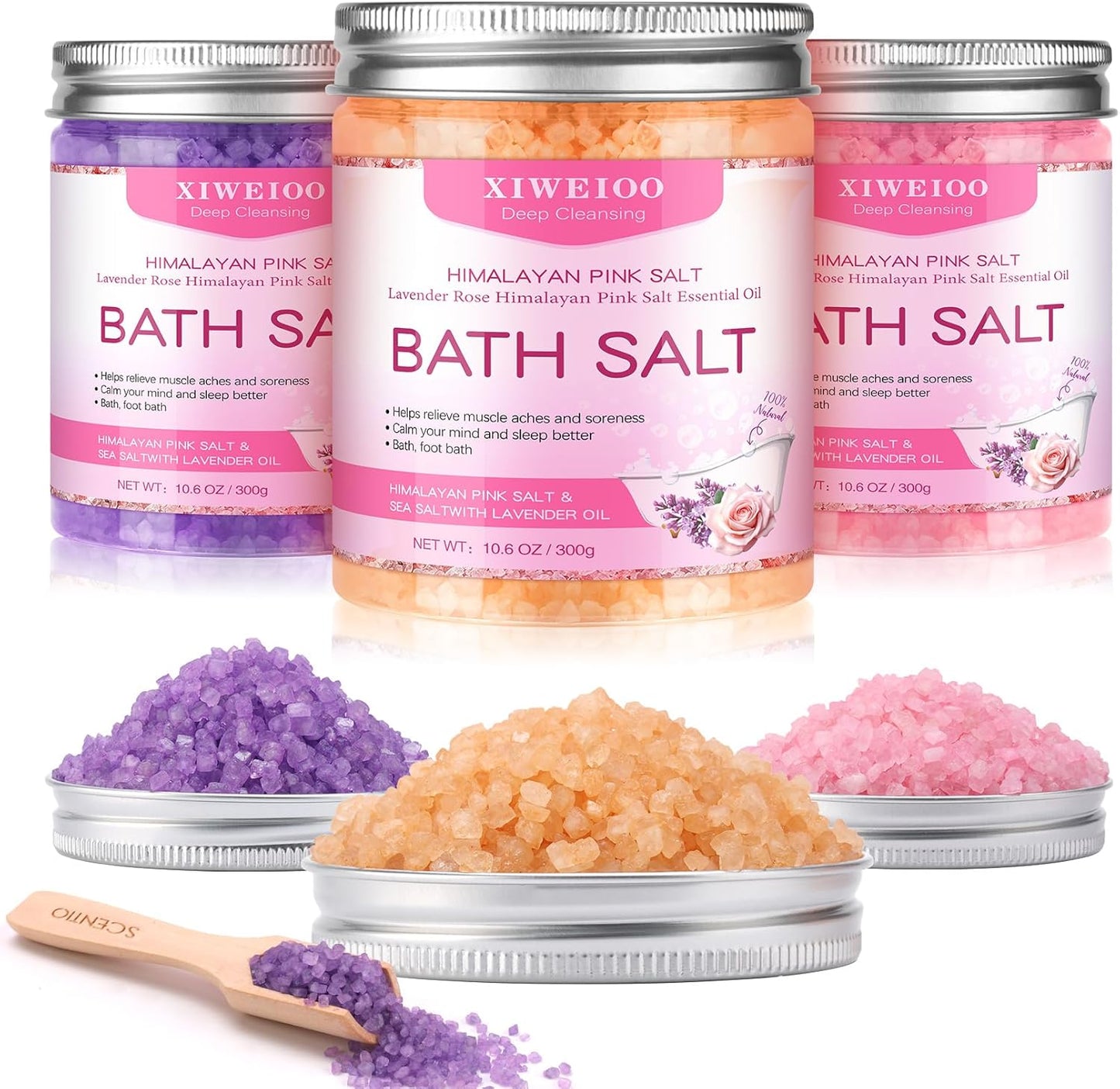 Bath Salts for Soaking Himalayan Pink Bath feet soka sea Salt 3 Set Kit Lavender Orange Rose Scent Epsom Salt Tea Tree Oil Natural Soaking spa Set Christmas Gifts for Woman Mom Gifts Set