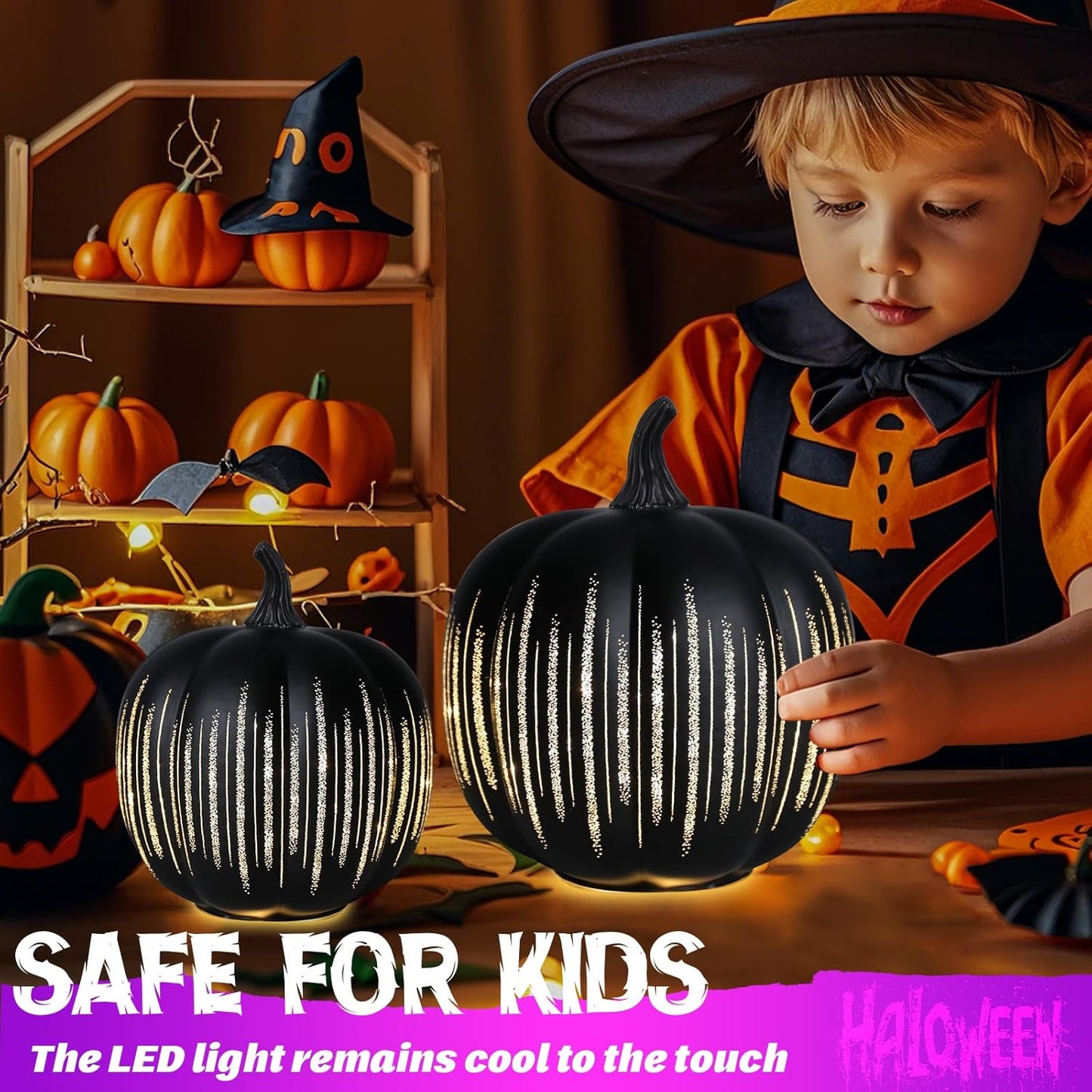 Bdor Halloween Pumpkin Decorations, 2-Piece LED Black Pumpkins Set with Gold Stripes, 8.66" & 6.69" Light Up Fall Decor for Tabletop, Home, Party